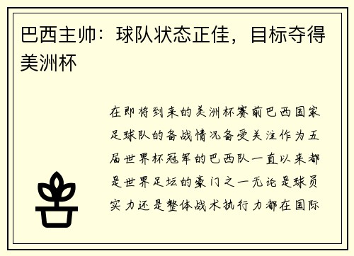 巴西主帅：球队状态正佳，目标夺得美洲杯