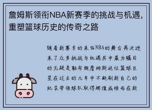 詹姆斯领衔NBA新赛季的挑战与机遇，重塑篮球历史的传奇之路